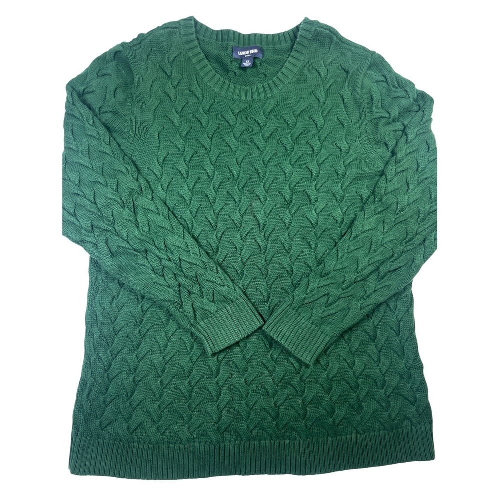 Lands' End Sweater Mens 1X Green Cotton Cable Knit Crewneck Long Sleeve Pullover